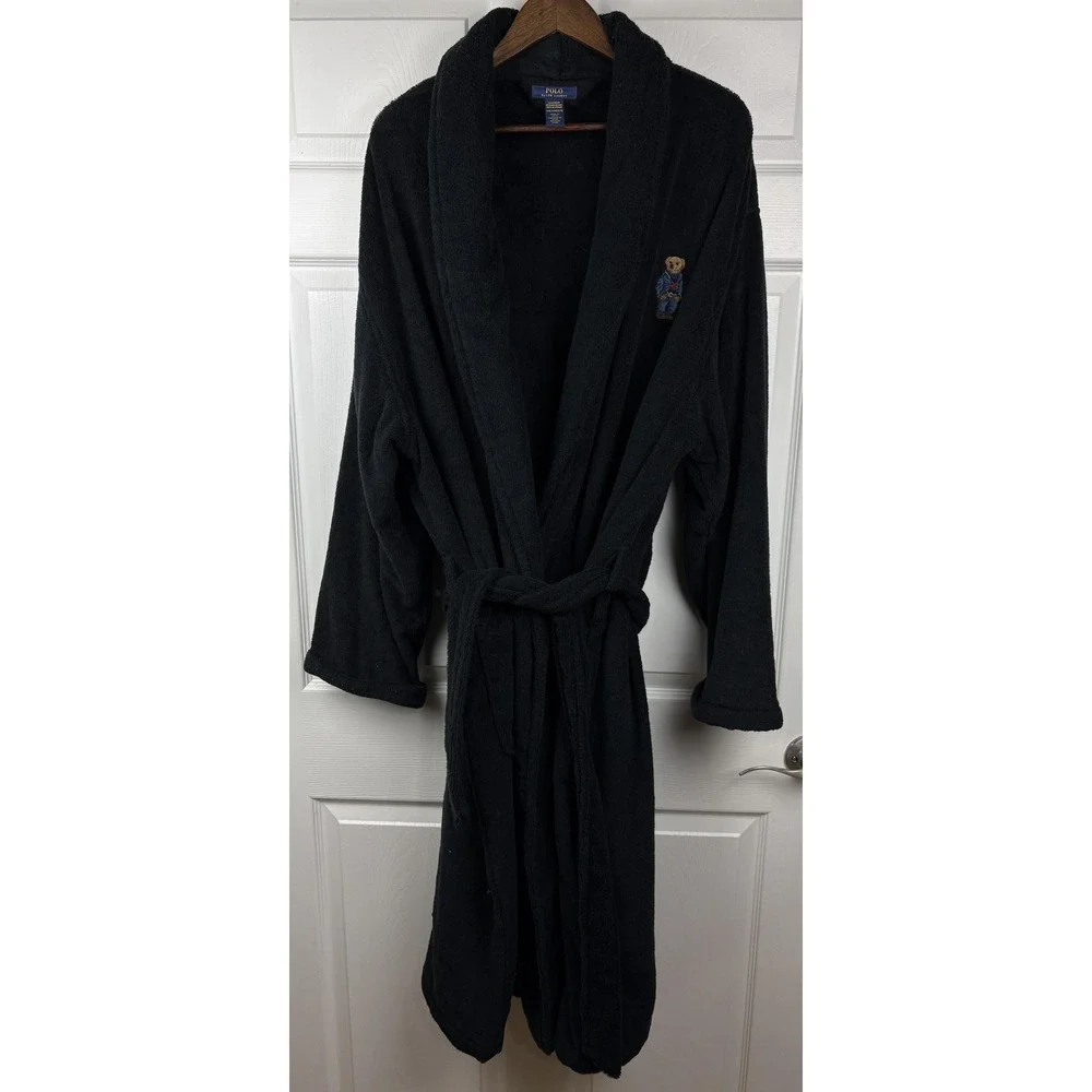 Polo Ralph Lauren Robe Mens L/XL Polo Bear Black Terry Cotton Belted Sleepwear